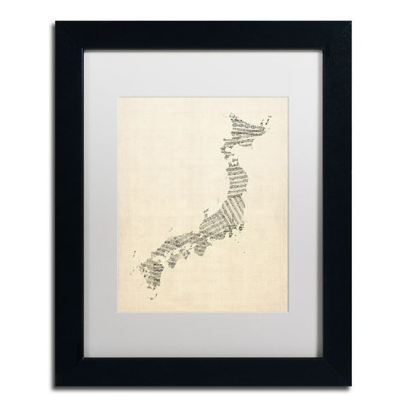 Trademark Fine Art 'Old Sheet Music Map of Japan' Canvas Art by Michael Tompsett, White Matte, Black Frame