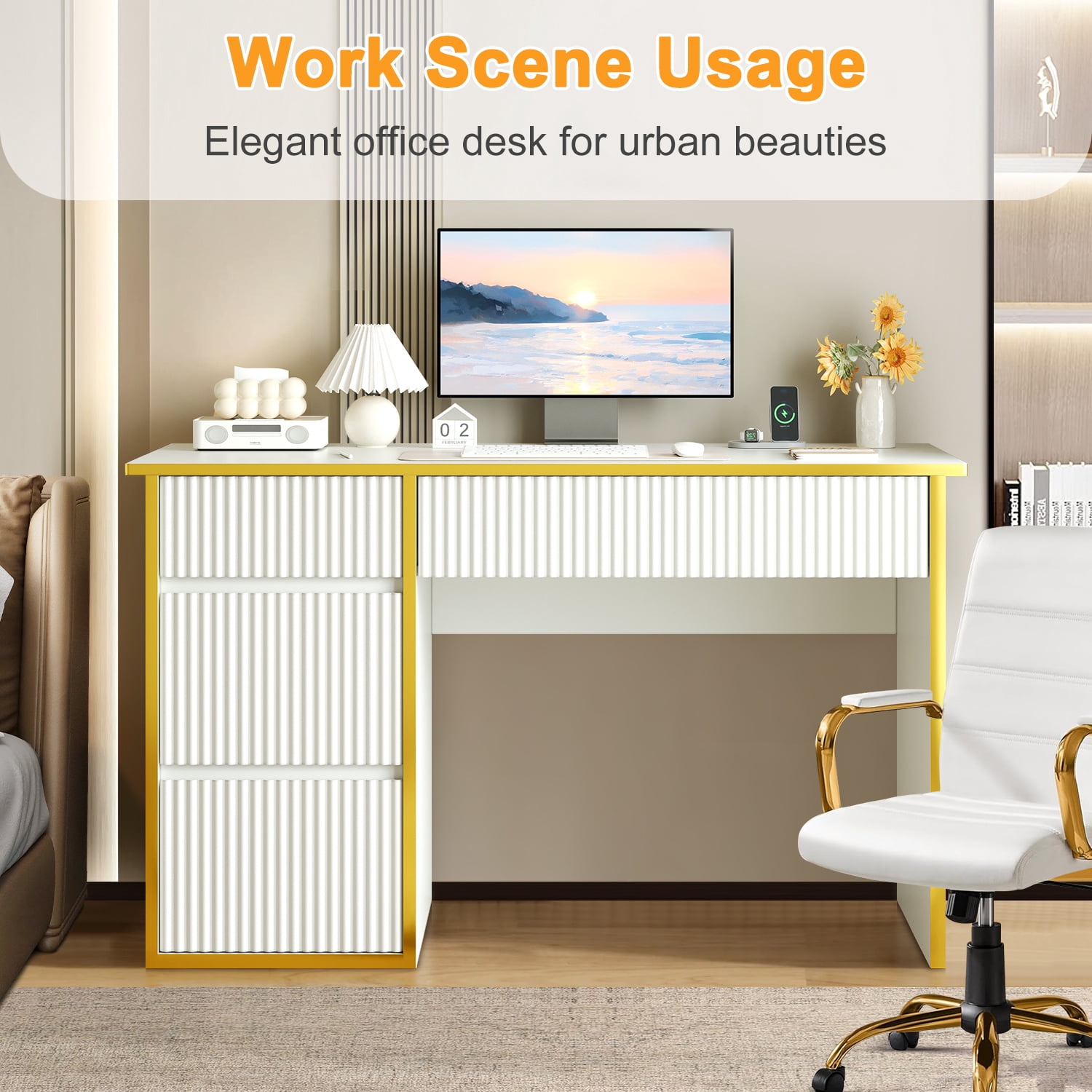 DreamCurship White Desk with Drawers, Computer Desk with Storage, Writing Desk for Bedroom, White and Gold Desk