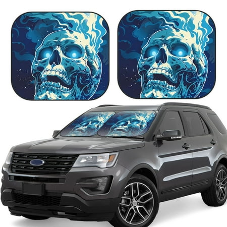 Cauagu Abstract Blue Skull Cauagu {designName} Print Foldable Car Windshield Sun Shade | Front Windshield Shade for Sun | Fits Small Sedans Mini SUVs Hatchbacks-Large
