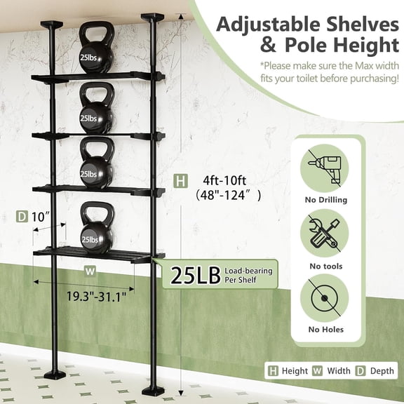 Over The Toilet Storage Shelf, 4-Tier Adjustable Bathroom Organizer, No Drill Tension Mounted Shelves, Space-Saving Bathroom Cabinet Rack Above Toilet for Small Rooms, Black