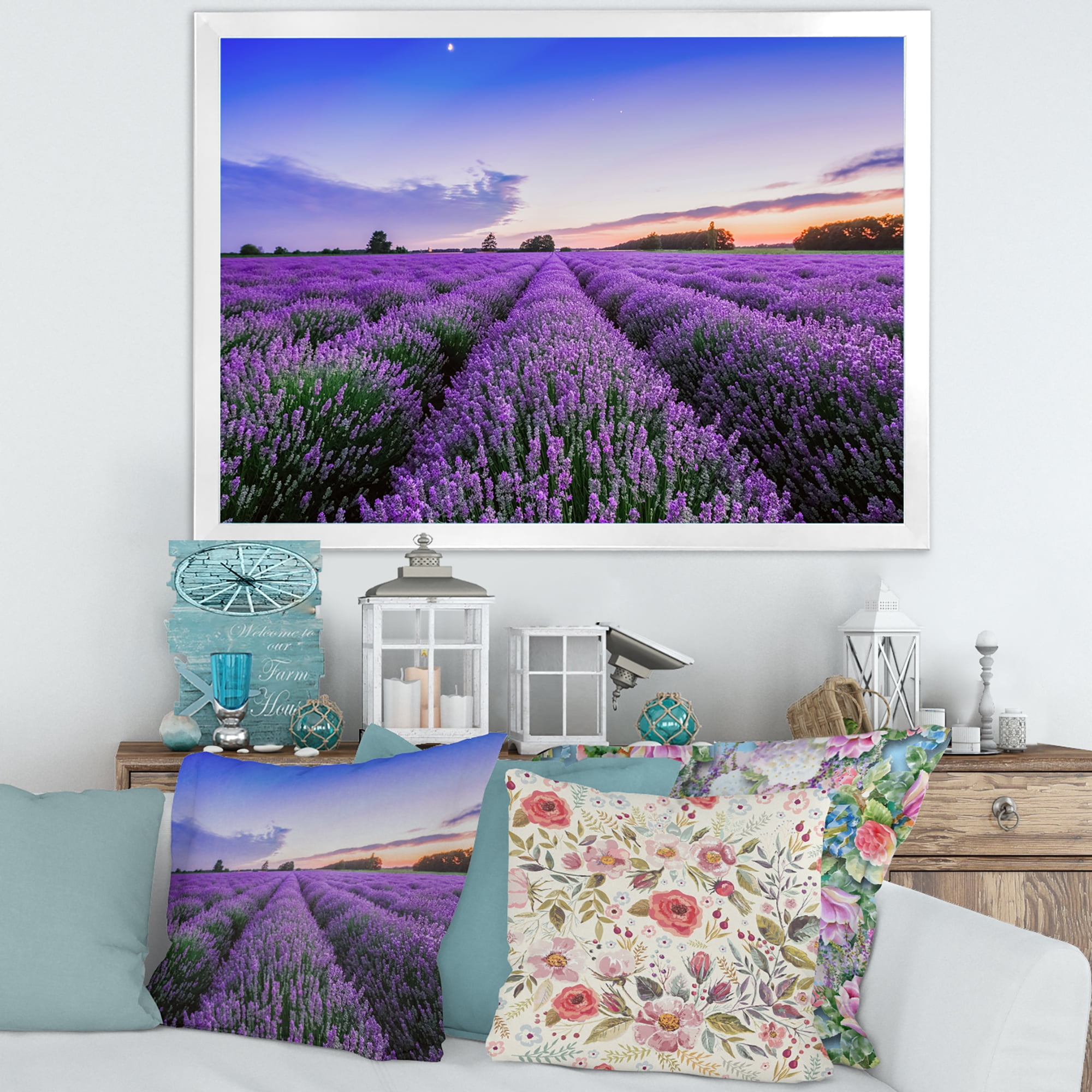 Designart 'Dramatic Clouds and Sunrise Over Lavender Field II' Farmhouse Framed Art Print