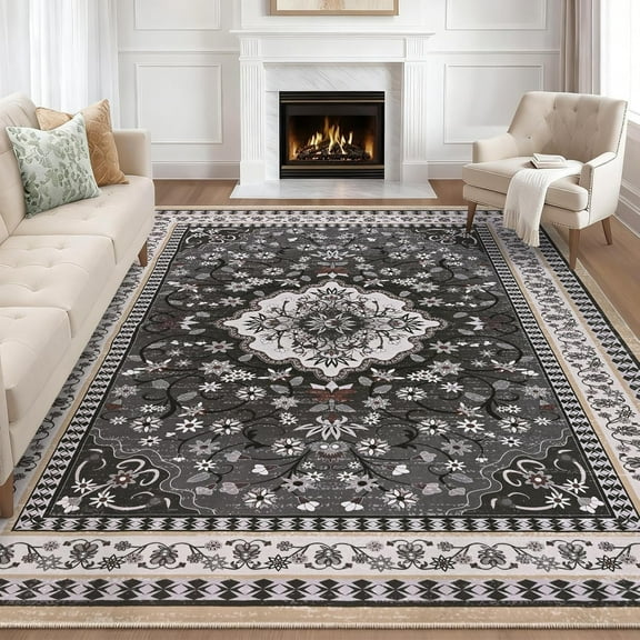 Bleum Cade Large Area Rug for Living Room, 5x7 Machine Washable Boho Rug for Bedroom, Soft Low Pile Non Slip Boho Dining Room Rug, Floral Vintage Floor Carpet for Bedroom Home Office,Black