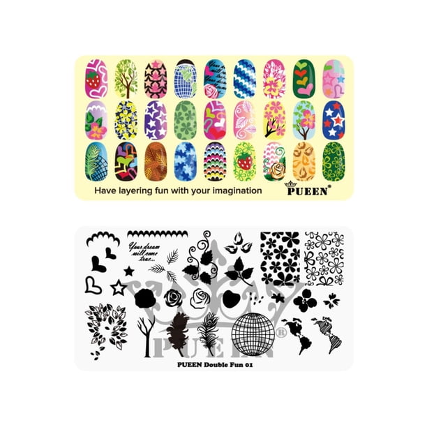 Pueen Placa De Estampado Para Decoración De Uñas -Double Fun 01 - Colección De Capas 125X65 Mm Kit Único De Accesorios Para Placas De Imagen De Manicura Con Estampado De Esmalte De Uñas - Bh000724