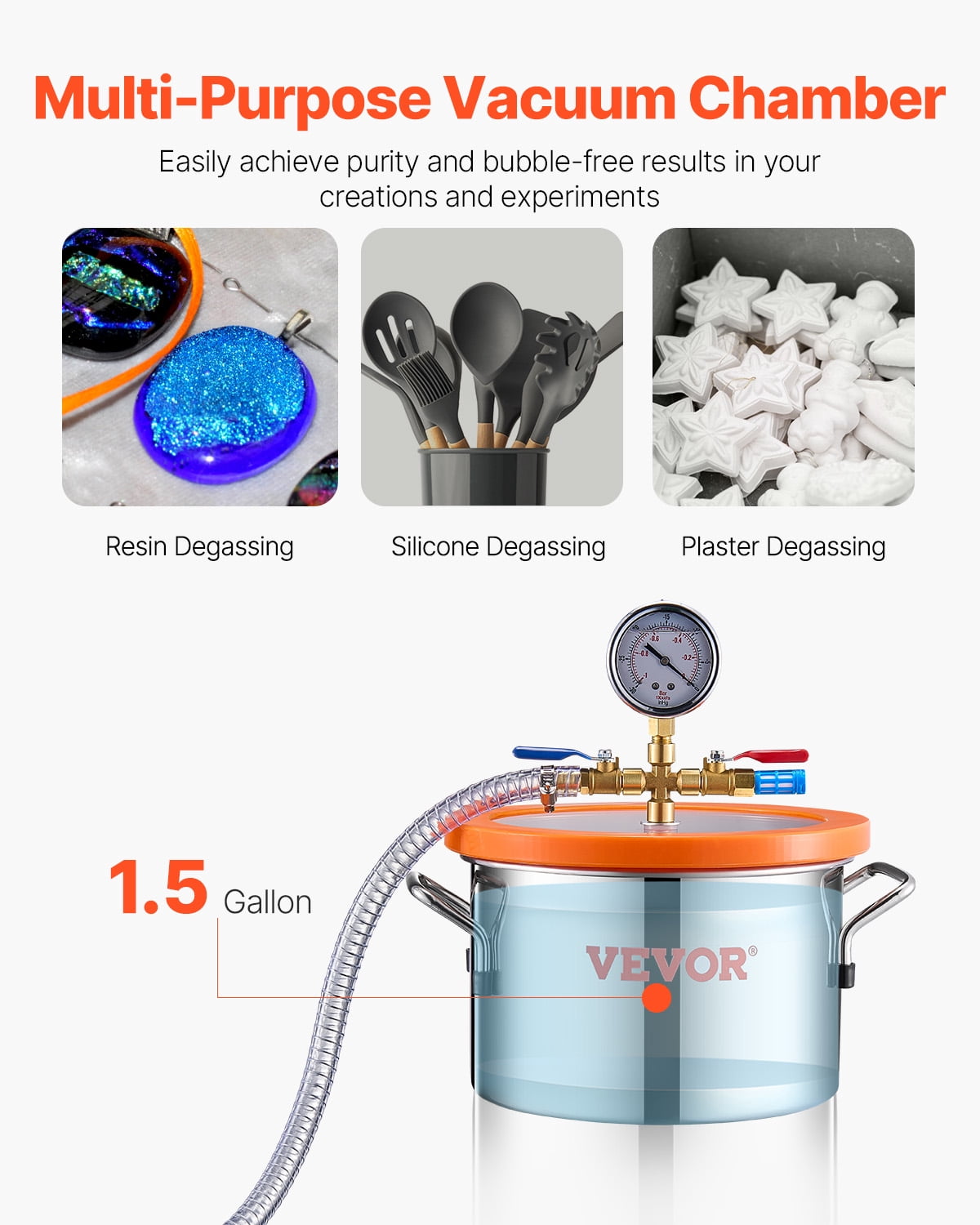 VEVOR 1.5 Gal Vacuum Chamber and 3.5 CFM Pump Kit, Stainless Steel Chamber, Single Stage Vacuum Pump Degassing Chamber Kit, with Acrylic Lid, Oil, 4.92 ft Hose,for Degassing Resin Silicone Epoxies