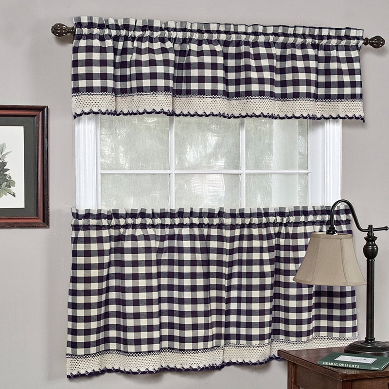 Bed Bath N More Classic Navy Cotton Blend Buffalo Check Kitchen Curtain Set Or Separates Walmart Com Walmart Com