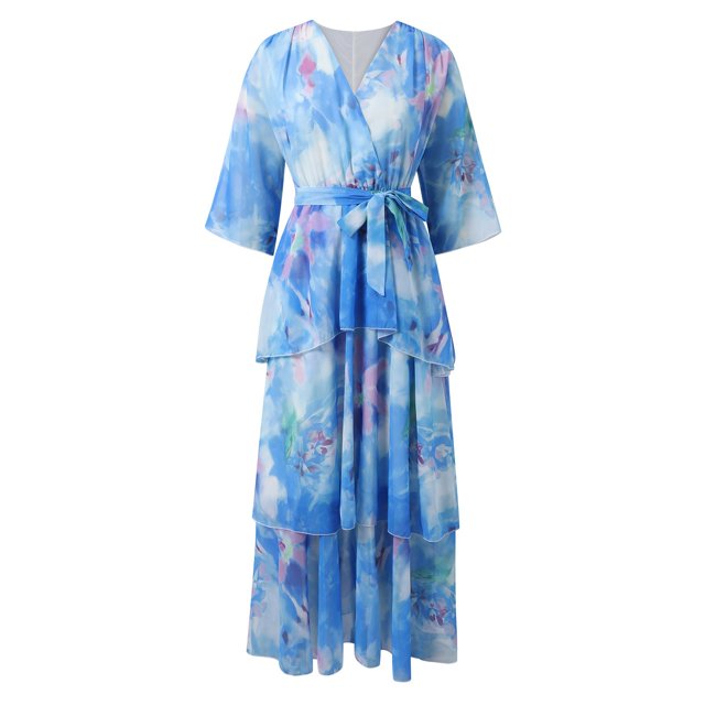 WILLBEST Vestidos de Algodon Vestido Informal con Estampado Floral para Mujer, Cuello En V, Detalle de Lazo, Vestido Fluido de Verano para Uso Diario, Vacaciones, Primavera y Otoño Mediana