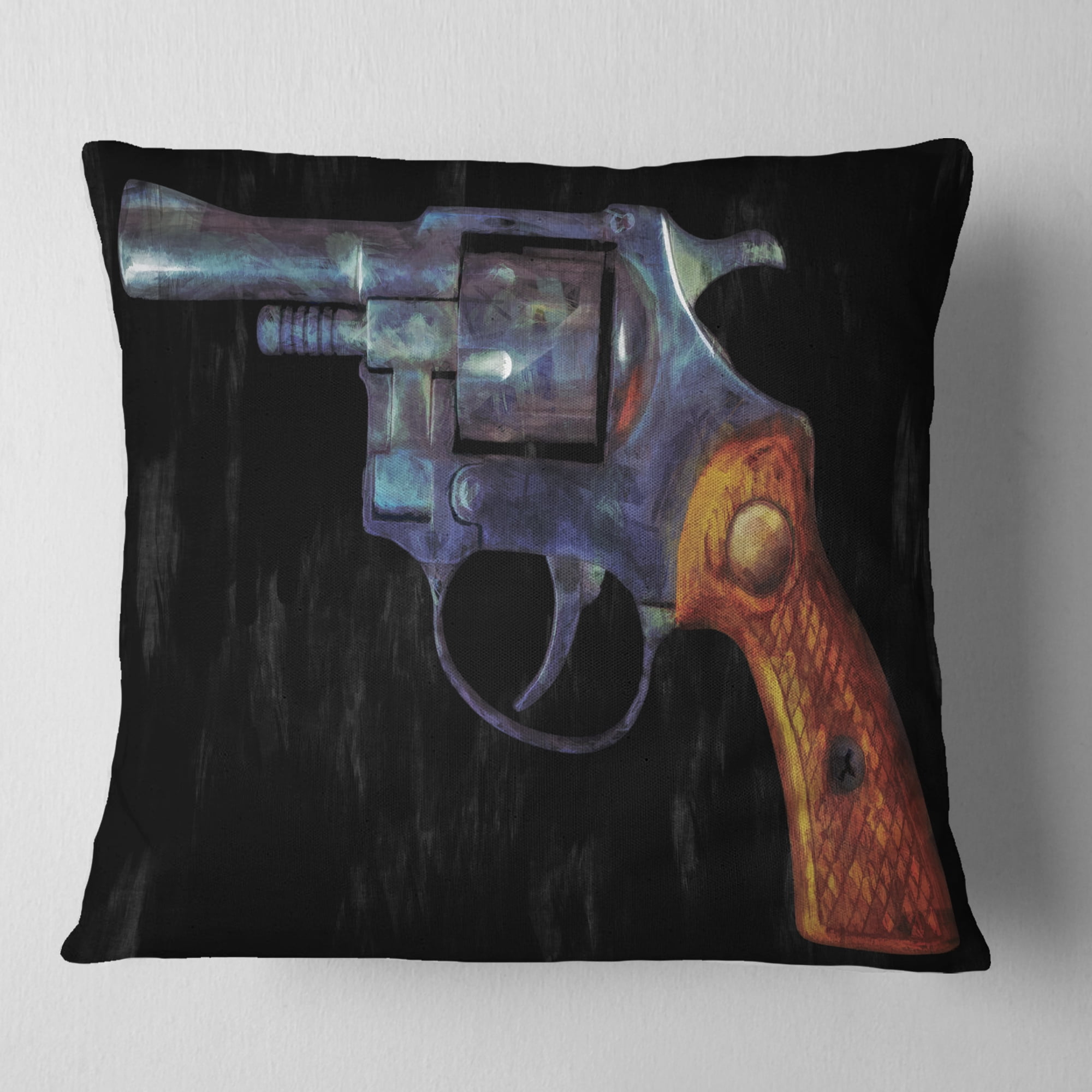 Designart Retro Revolver - Vintage Revolver Painting Throw Pillow - 16x16