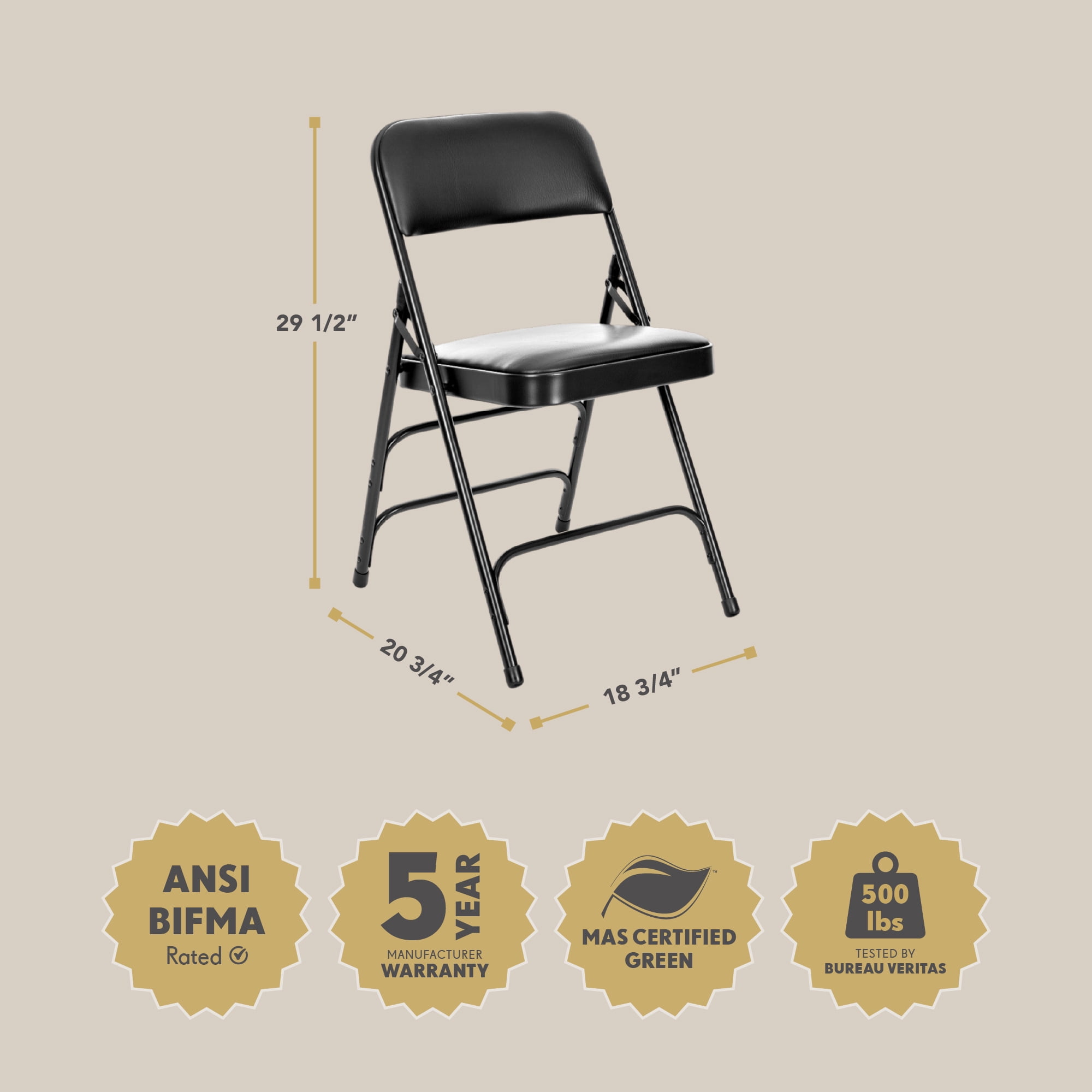 Hampden Furnishings Bernadine Collection Vinyl Triple Brace Folding Chair, Black, Pack of 4