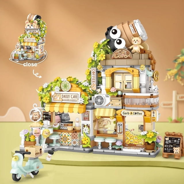 Street View Series Building Blocks Set, Izakaya Shaved Ice Takoyaki Coffee & Panda Tea House DIY Model, Creative Assembled Scenery Bricks Decor Toy Gift for Kids