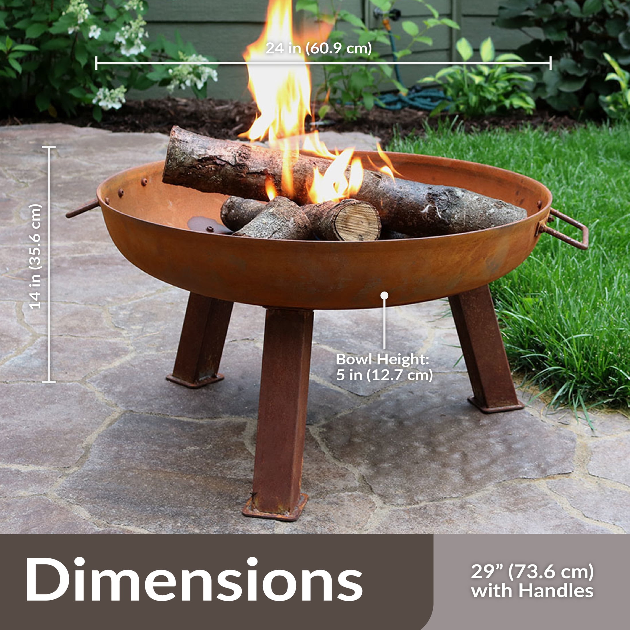 Sunnydaze 24" Round Wood-Burning Rust Finish Cast Iron Rustic Fire Pit Bowl with Handles