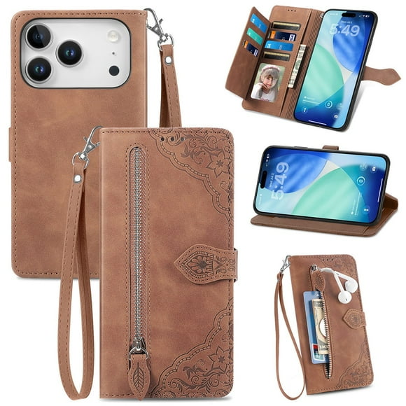 For iphone 17 Pro 6.3-inch Case, Wallet for Women Men, Durable PU Leather Magnetic Flip Lanyard Strap Wristlet Zipper Card Holder Wallet Phone Case for iphone 17 Pro