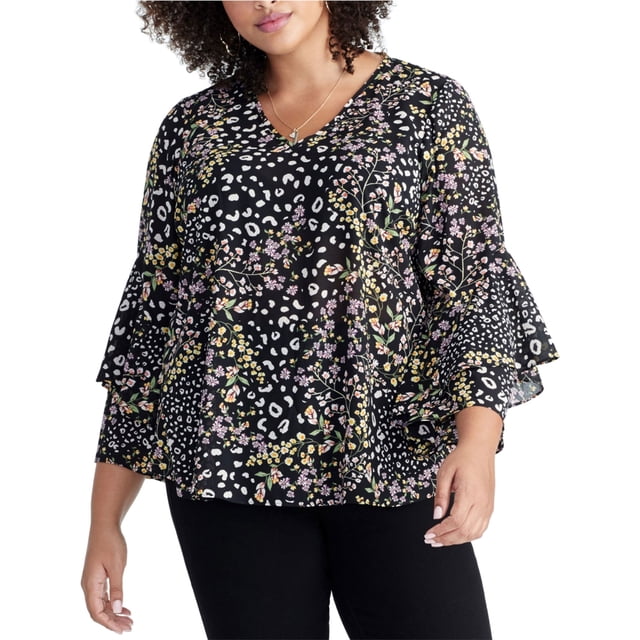 Rachel Roy Blusa con volantes florales para mujer, negro, 14W