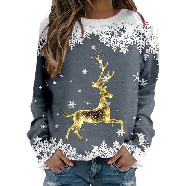 WEAIXIMIUNG Sweatshirts Grande Taille pour Femmes 3X Carcos Dames Décontracté Grand Cerf Doré Flocon de Neige Imprimé de Noël Col Rond Manches Longues Capuche Légère