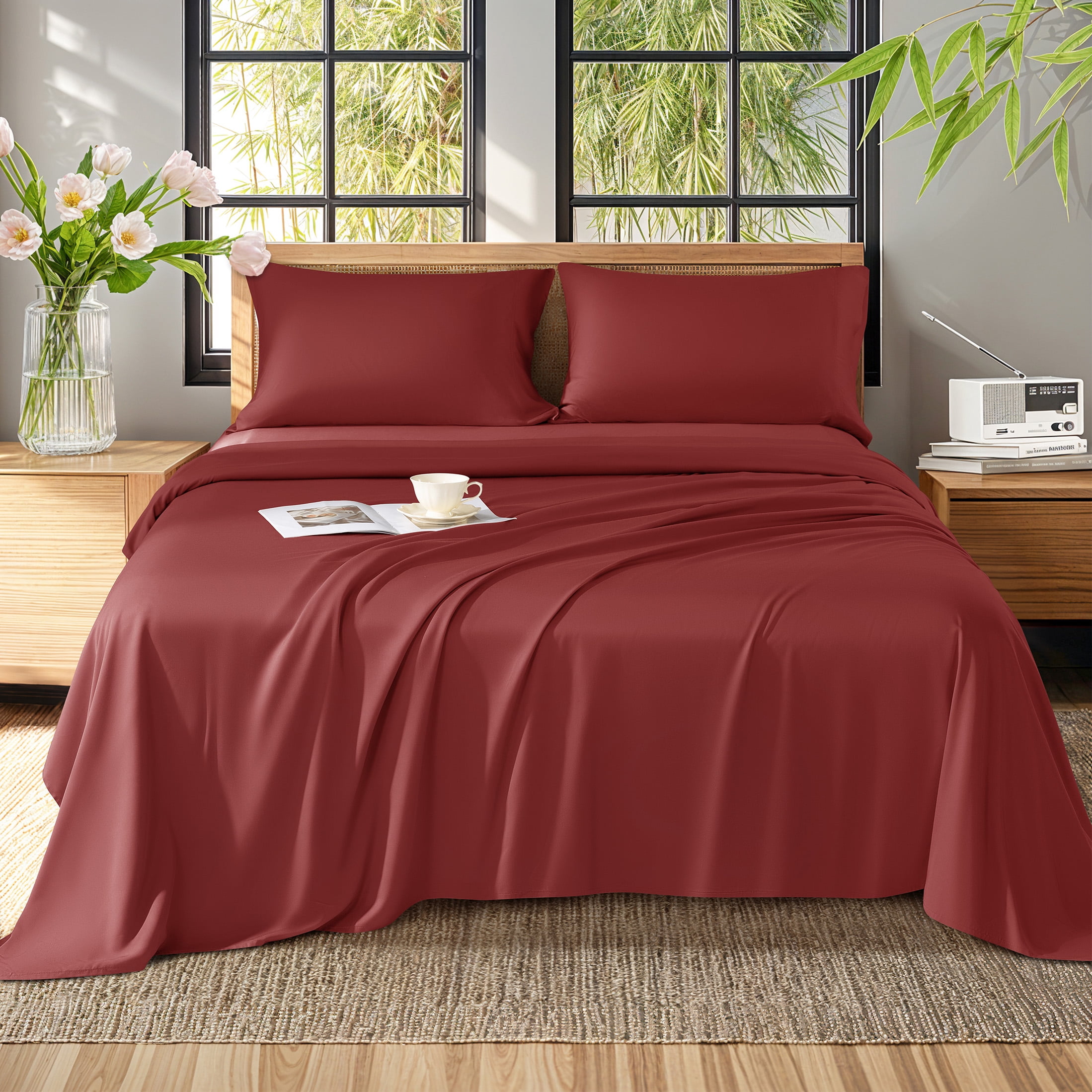 Baauye Cozy Bamboo Sheets Set, 4-Piece Queen Sheet Set with 16" Deep Pockets, Soft and Breathable Bed Sheets, Burgundy