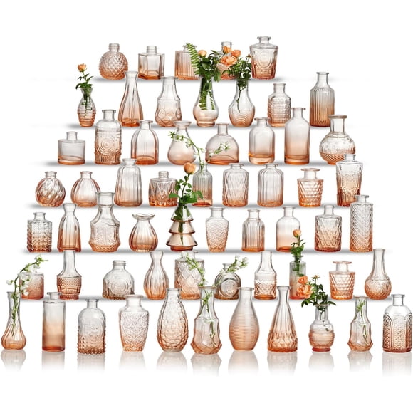 Glass Bud Vase Set of 60 - Small Vases for Flowers in Bulk - Assorted Vintage Crystal Vases for Flowers, Table Centerpieces (Amber, 60 Pcs)