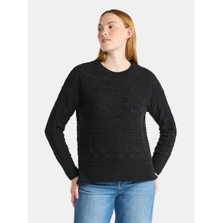 Time and Tru Women's Chenille Cable Knit Crewneck Sweater, Midweight, Sizes XS-XXXL