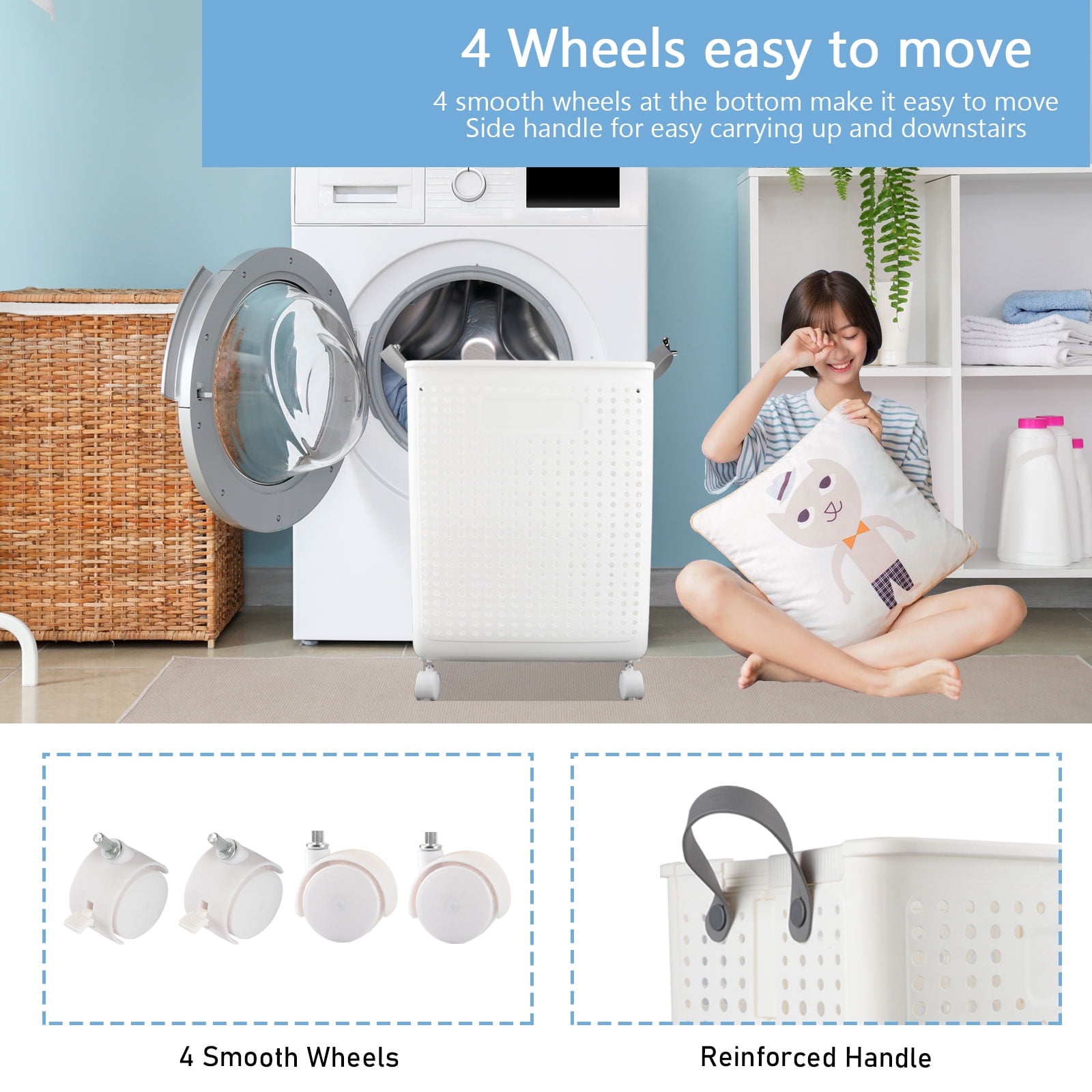 Collapsable Laundry Hamper with Wheels and Lid, 41.5L Rolling Laundry Basket with Handle, Foldable Storage Bins for Corner Bedroom Bathroom