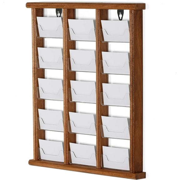 M&T Displays Wall Mount Dark Wood Card Holder Organizer 5 Tiered - 15 (3x5) Clear Acrylic Pockets