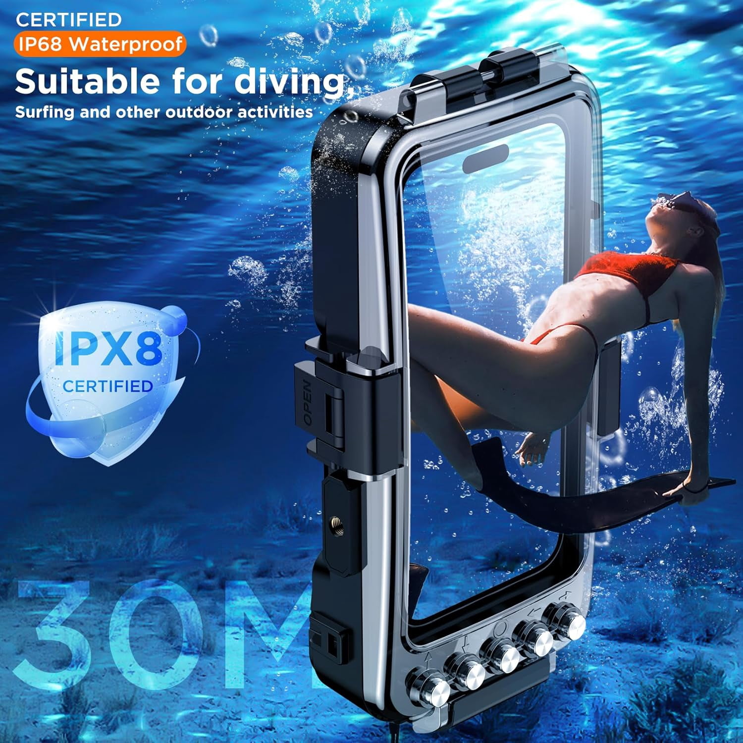 Bluetooth 30 Meter Deep Waterproof Case Compatible with All iPhone Series,Snorkeling Underwater Case 30M Operated Underwater Photo Video, for All iPhone  and Samsung Galaxy
