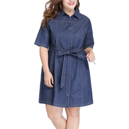 Women Plus  Size  Half Sleeves Belted Above Knee Shirt  Dress  