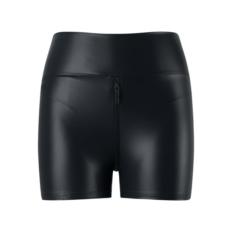 Womens Leather Shorts Pants Leggings Stretch High Waist Pants Zip