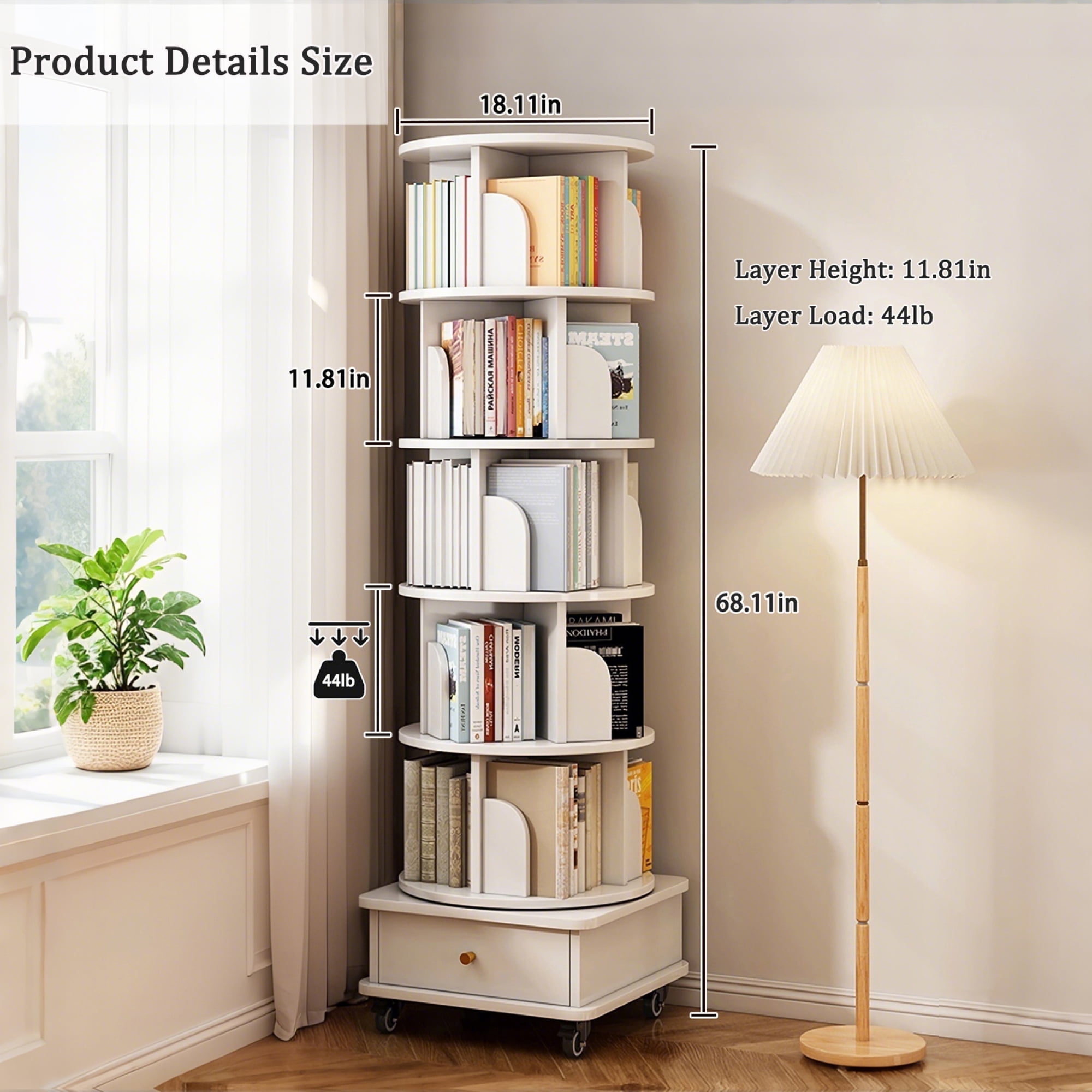 Jopath 6 Tier Rotating Bookshelf, 360° Display Round Spinning Bookshelf with Wheels and Drawer, Space-Saving, Small Space Rotating Bookshelf Tower for Bedroom,Office, Warm White