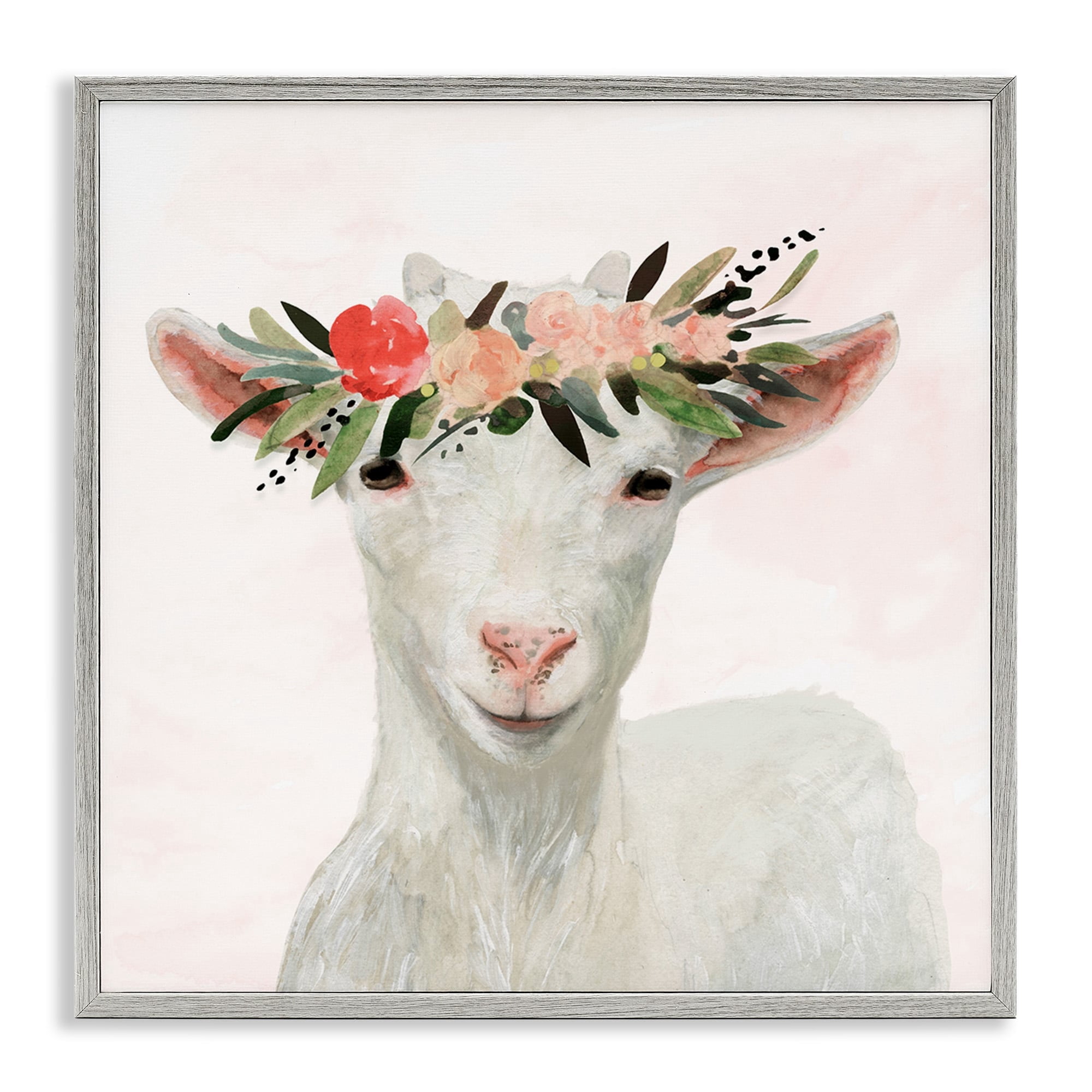 Stupell Industries Springtime Flower Crown Baby Goat Animals & Insects Painting Gray Framed Art Print Wall Art, 24 x 24