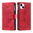 thumbnail image 3 of Nalacover for iPhone 14 Embossed Floral Pattern PU Leather Crossbody Case with Shoulder Strap,Shockproof Magnetic Flip Kickstand Credit Card Slots Zipper Pocket Wallet Phone Case,Red, 3 of 10