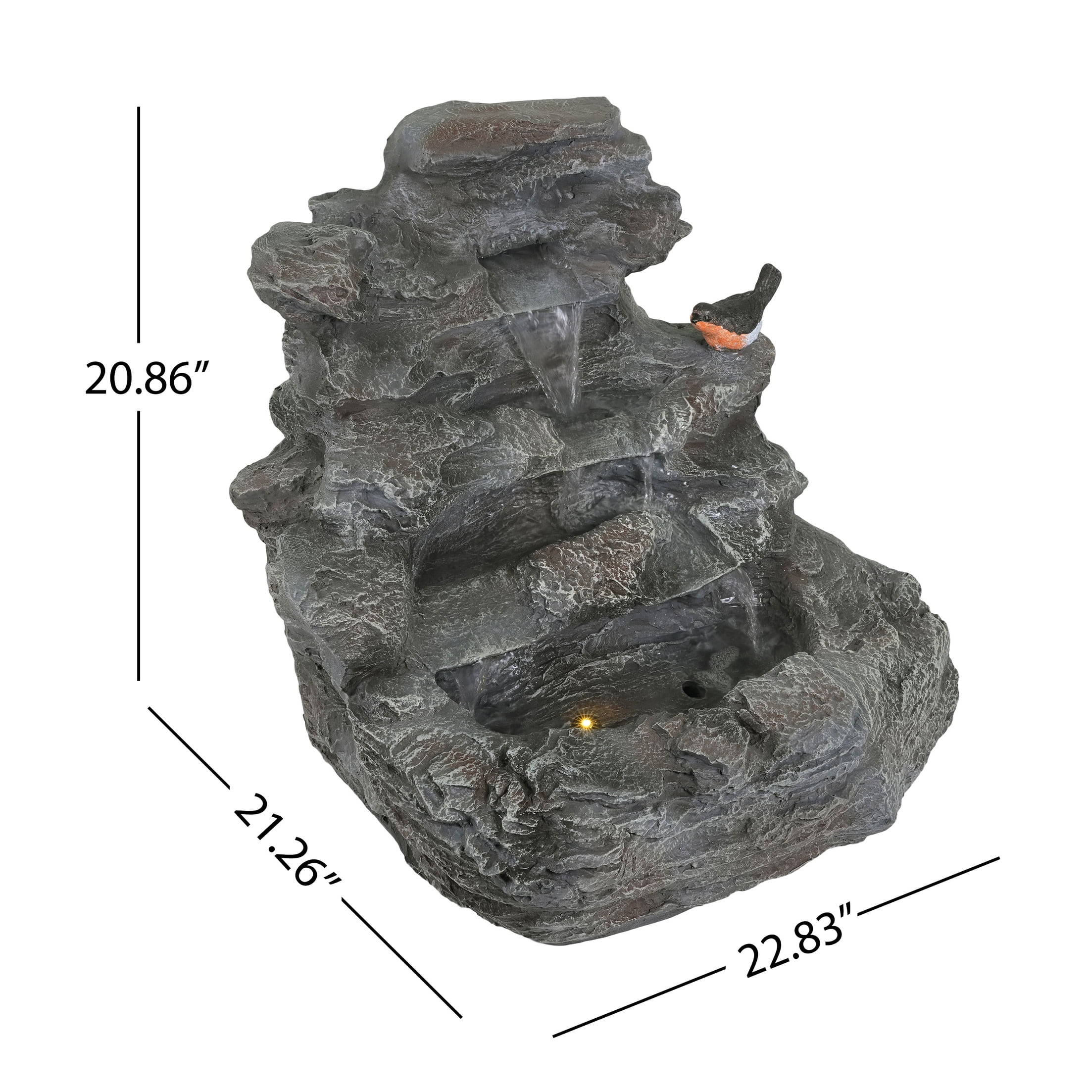 Christopher Knight Home 20.8" Concrete Rock Waterfall Fountain with LED Light, 4-Tier Flow, Garden Decor, Gray