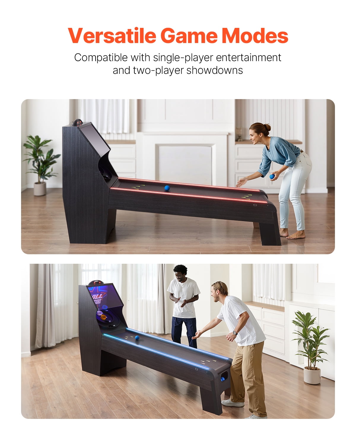 VEVOR 9' Roll and Score Classic Arcade Game Table, with LED Electronic Scorer & Track Lighting,Sound, Automatic Ball Return,Adults Kids Home Recreation Game Room,4 Balls Included