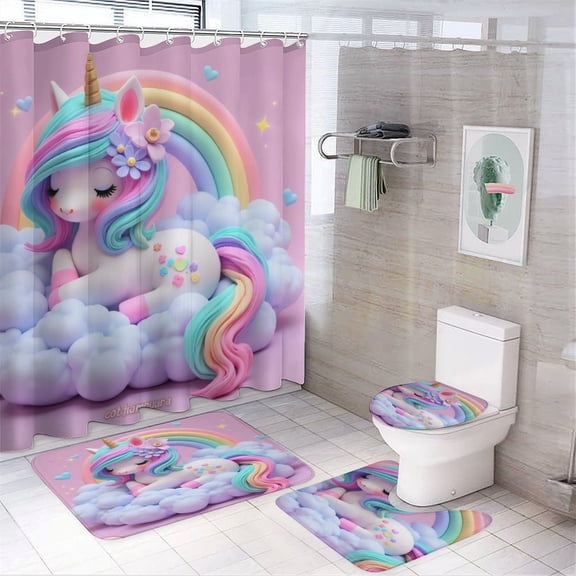Cute Unicorn Rainbow Clouds Shower Curtain Set Modern Bathroom Decor Mats 4pcs Fabric Bathroom Curtain Slip Floor Rug Toilet Lid