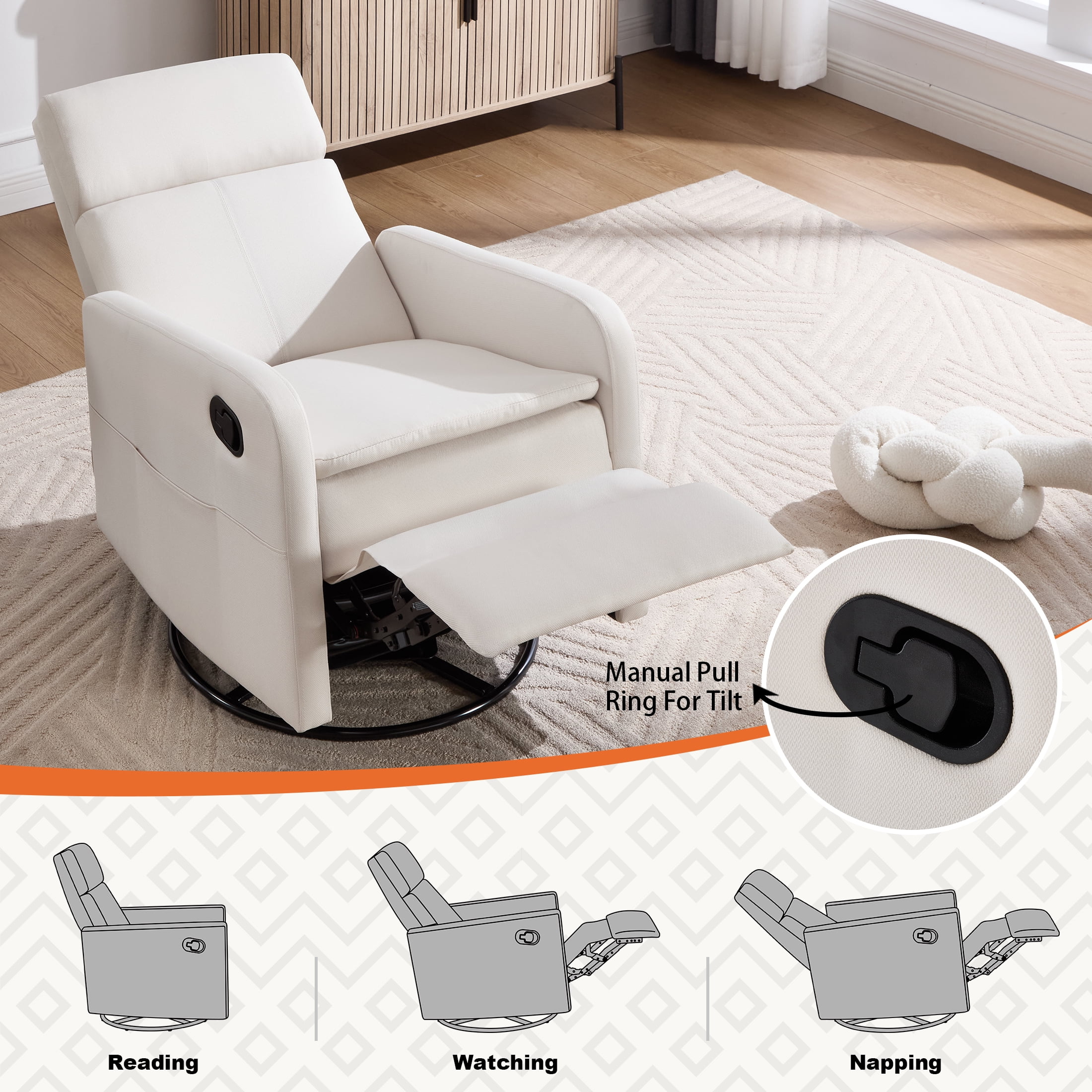 Sfxingyou Swivel Rocking Recliner Chair for Adults, Rocker Nursery Glider Chair for Living Room, Upholstered Fabric Reclining Single Sofa Chair (Beige)