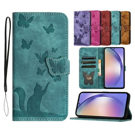 Decase for Samsung Galaxy A13 Wallet Case, Galaxy A13 5G Case with Card Holder, Embossed Butterfly Cute Cat Soft PU Leather Folio Flip Shockproof Protective Phone Case,Green