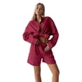 thumbnail image 3 of Women'S Cotton Cardigan Long Sleeve Top and Shorts Set Minimalist Solid Color Loungewear Outfit Wine Red M, 3 of 8