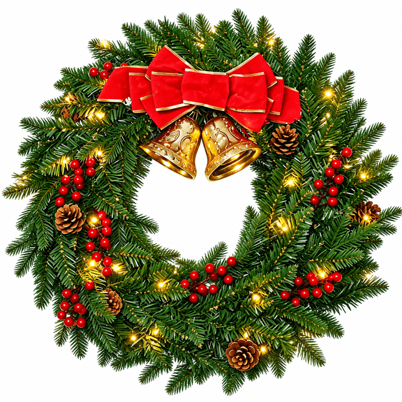 Moonsun 24" Pre-Lit Christmas Wreath, 60 Warm White LED Lights, Timer & 8 Modes, Evergreen Wreath with Red Bow, Jingle Bells & Pinecones for Front Door, Window, Mantel, Indoor & Outdoor Holiday Decor