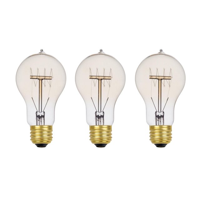 60W Vintage Edison A19 Quad Loop Incandescent Filament Light Bulb 3-Pack with E26 base, showing three clear glass bulbs with visible tungsten quad loop filaments and goldish amber tint, each with a standard medium screw base, suitable for vintage and exposed socket lighting.