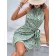 thumbnail image 4 of Women'S Summer Dress Dot Print Halter Neck Tie Waist Casual Zipper Back Sundress Vacation Beach Light Green XL, 4 of 6