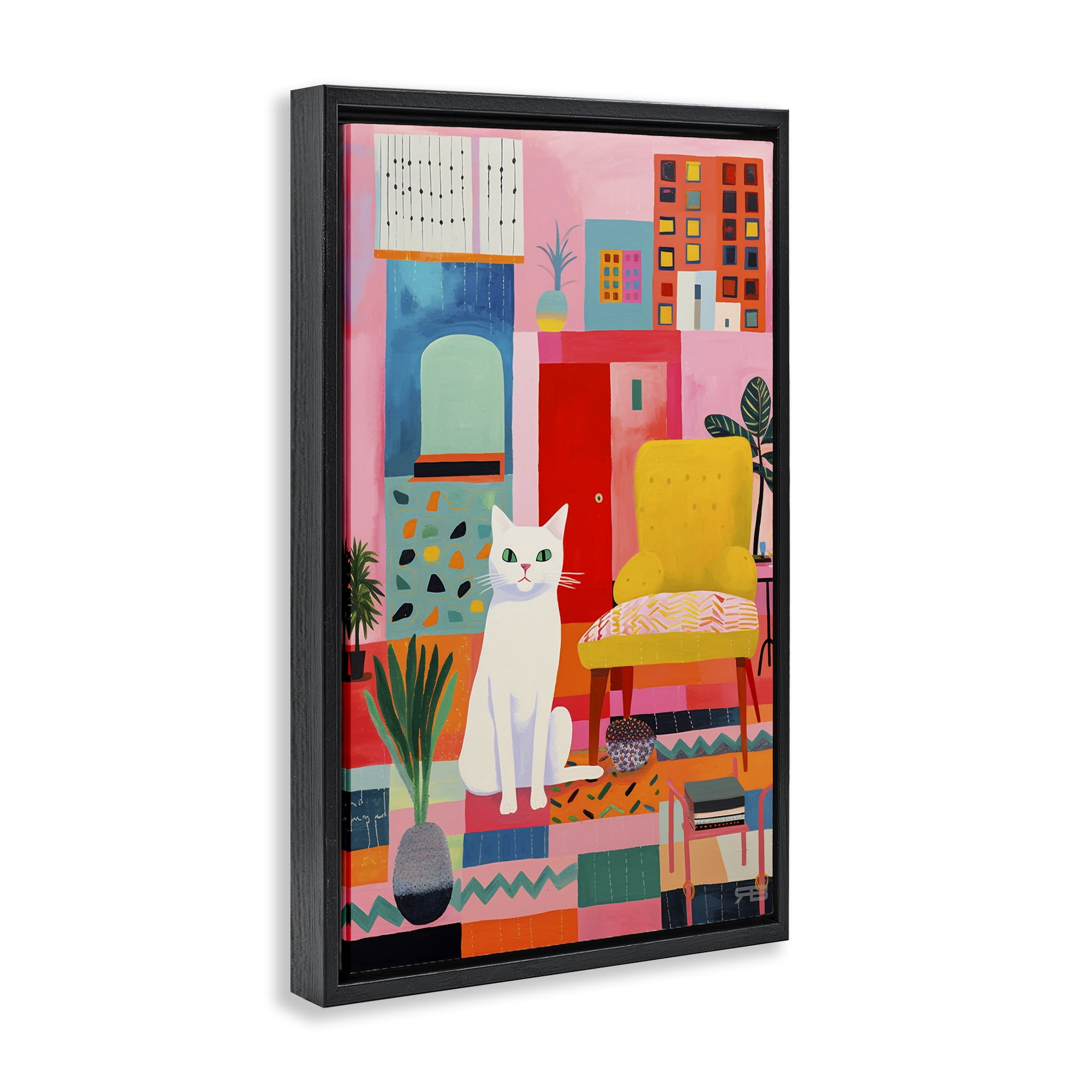 Stupell Industries Cat in Eclectic Interior Animals & Insects Painting Black Floater Framed Canvas Art Print Wall Art, 21 x 31