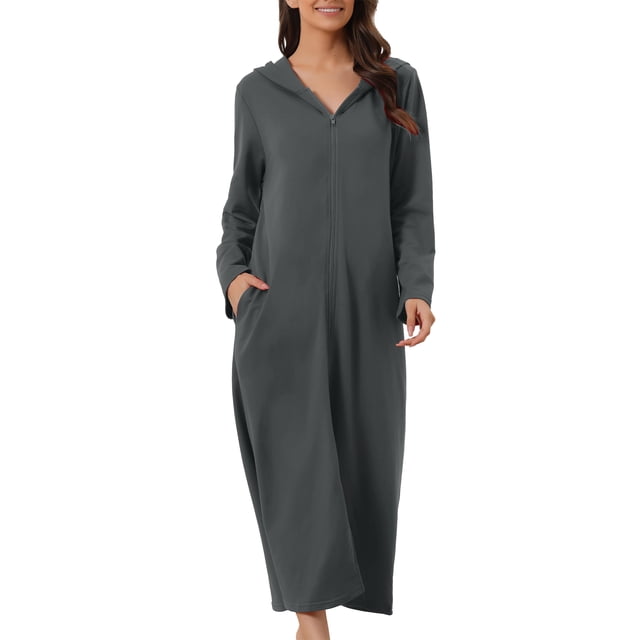 INSPIRE CHIC Bata de Noche con Cremallera para Mujeres, Bata Larga de Manga Larga con Capucha, Ropa de Casa con Bolsillos, Gris Profundo