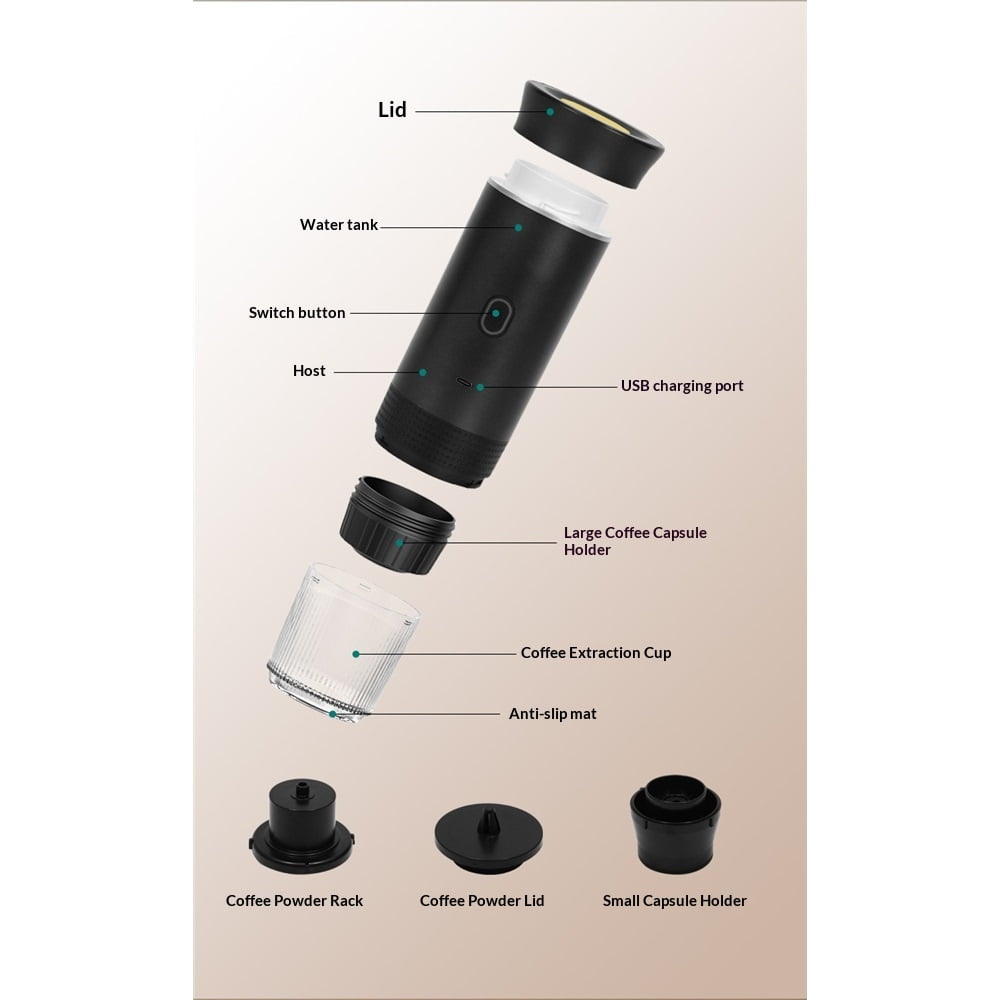 Portable Coffee Maker Espresso Machine, Travel Camping Coffee Makers, Mini Battery Portable Espresso Self-Heating Car Coffee Maker With Ground Coffee