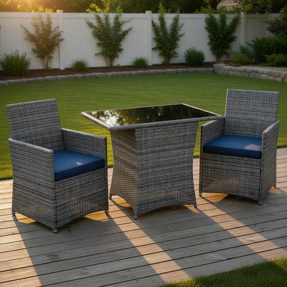 Topcobe 3 Pieces Patio Rattan Furniture Set with Cushioned Armrest Sofa, Outdoor Patio Furniture for Balcony Garden Backyard-Navy