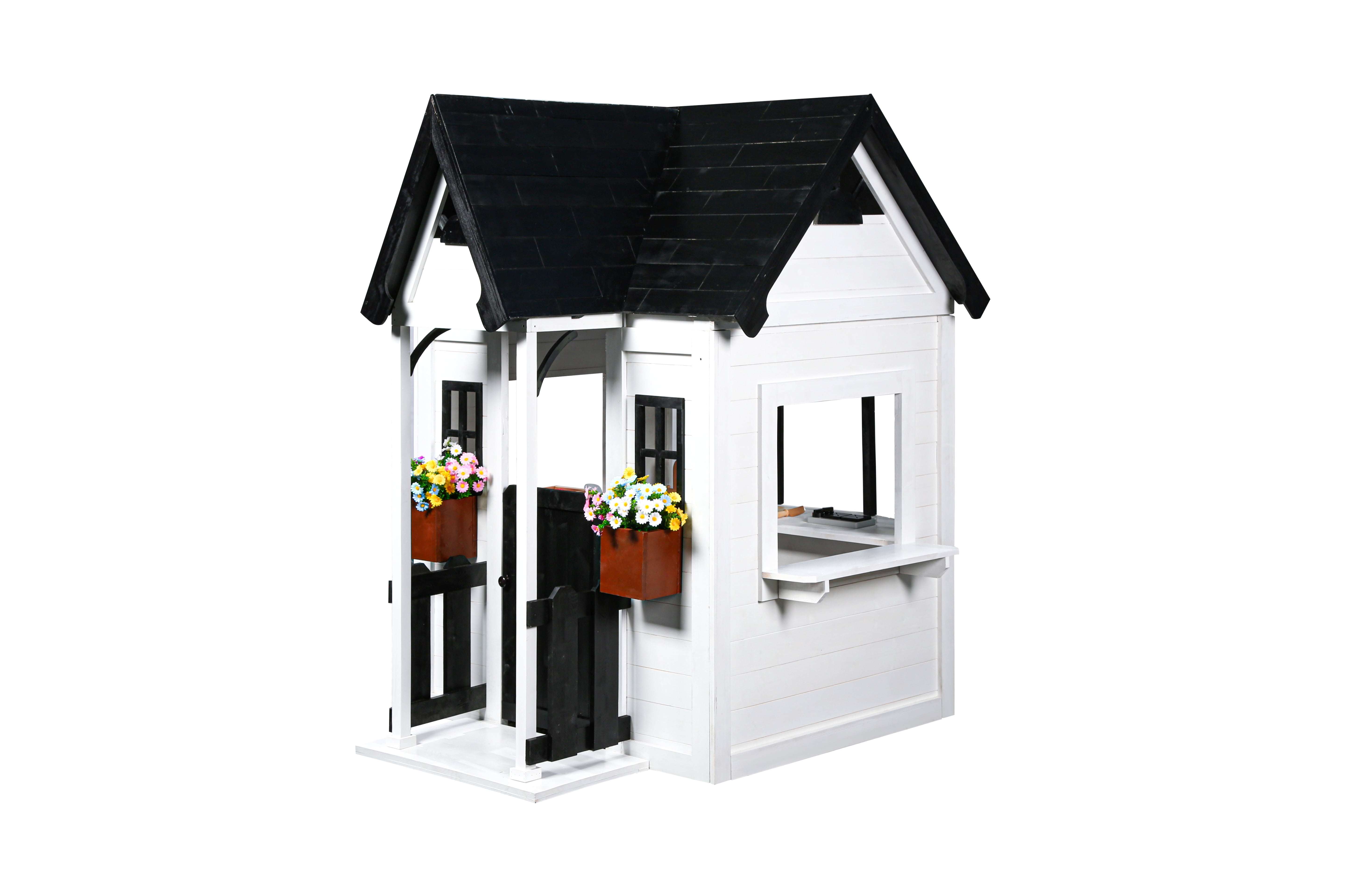 2MamaBees Oceano Playhouse | White & Black Farmhouse Design with Kitchen and Garden