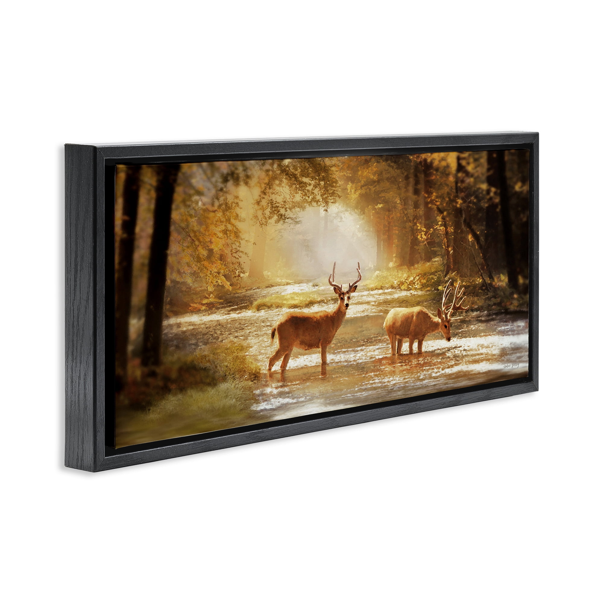 Stupell Industries Deer in Sunlit Grove Landscape Painting Black Floater Framed Art Print Wall Art, 25 x 11