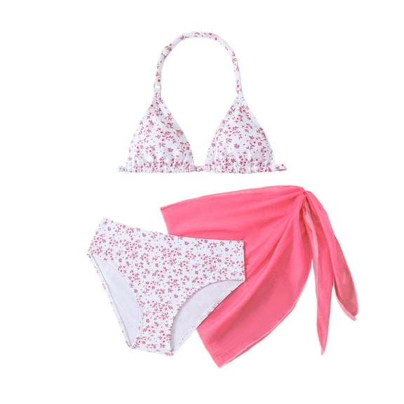 Bainana Girls Floral Two Piece Swimwear Kids Bikini With Adjustable Straps And Full Coverage Bottoms Swimsuit For Beach Pool Red Size 7-8 Years