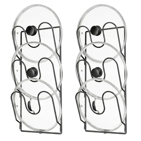2 Pack Black Pot Lid Organizer, 3-Tier No Drill Lid Organizer Pot Lid Holder, Pot Organizers Inside Cabinet Pan Lid Organizer Pan Organizers Inside Cabinet, Rustproof Adhesive Cabinet Door Cookware