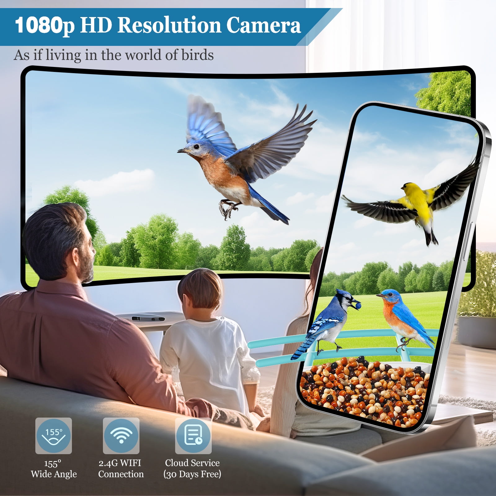 Naipo Bird Feeder, Camera for Automatic Bird Video Capture and Motion Detection, Solar-Powered Wireless Outdoor Device with 64G SD Card, Perfect Gift for Bird Enthusiasts