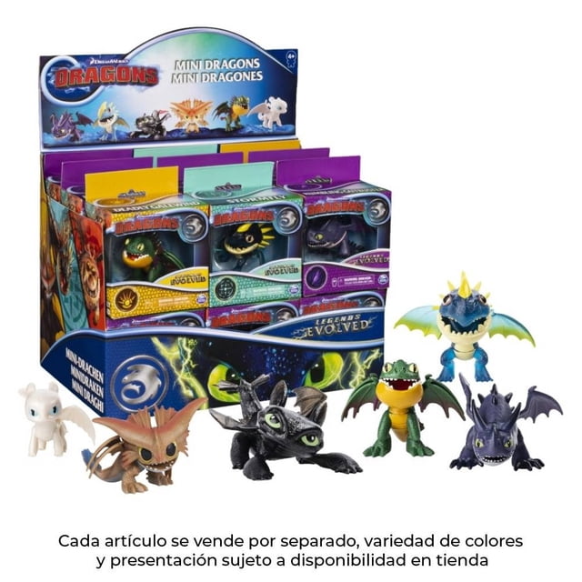 dragón spin master dream works dragons rescue riders winger 1 pza figura coleccionable negra de plástico, paquete y expositor con múltiples cajas; mini dragón sorpresa de aproximadamente 7.5 cm, vista frontal con alas pequeñas, ojos y detalles pintados y accesorio que indica su clase, ideal para coleccionar o exhibir en estantería.