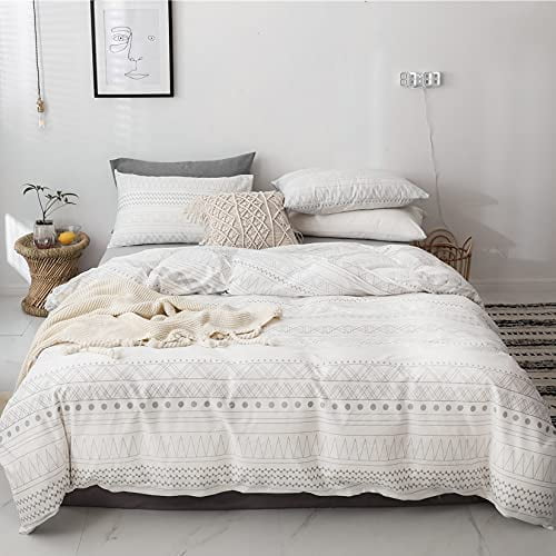 Boho White Comforter Sets King , 3 Pcs Light Gold Bohemian Geometric