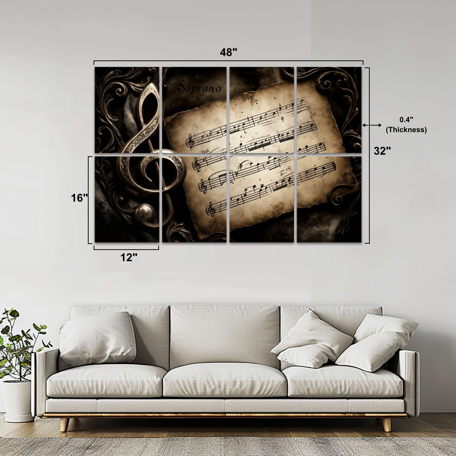Musical 8 Pack Art Acoustic Panels Sound Absorbing Vintage Sheet Music Clef Ornate Frame Decorative Soundproof Wall Panels Self Adhesive for Nursery Game Room Music Classroom 48"x32"