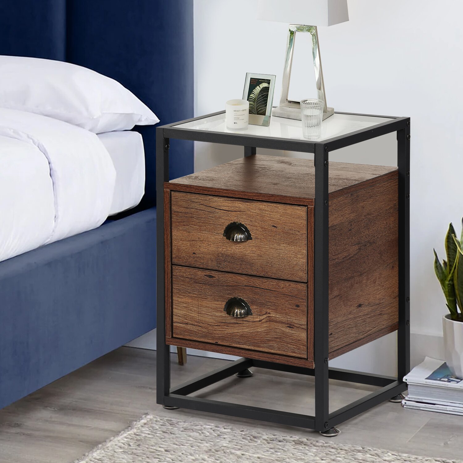 Alastor 2 Drawer Iron Nightstand, Easy to match with The brown